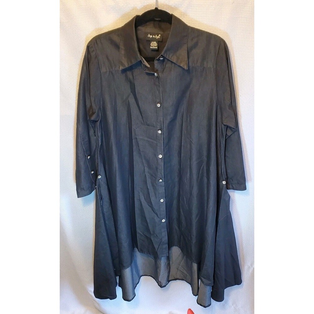 Womens Black Chambray Denim Hi-Lo Button Front Dress Rhinestone Buttons Pockets